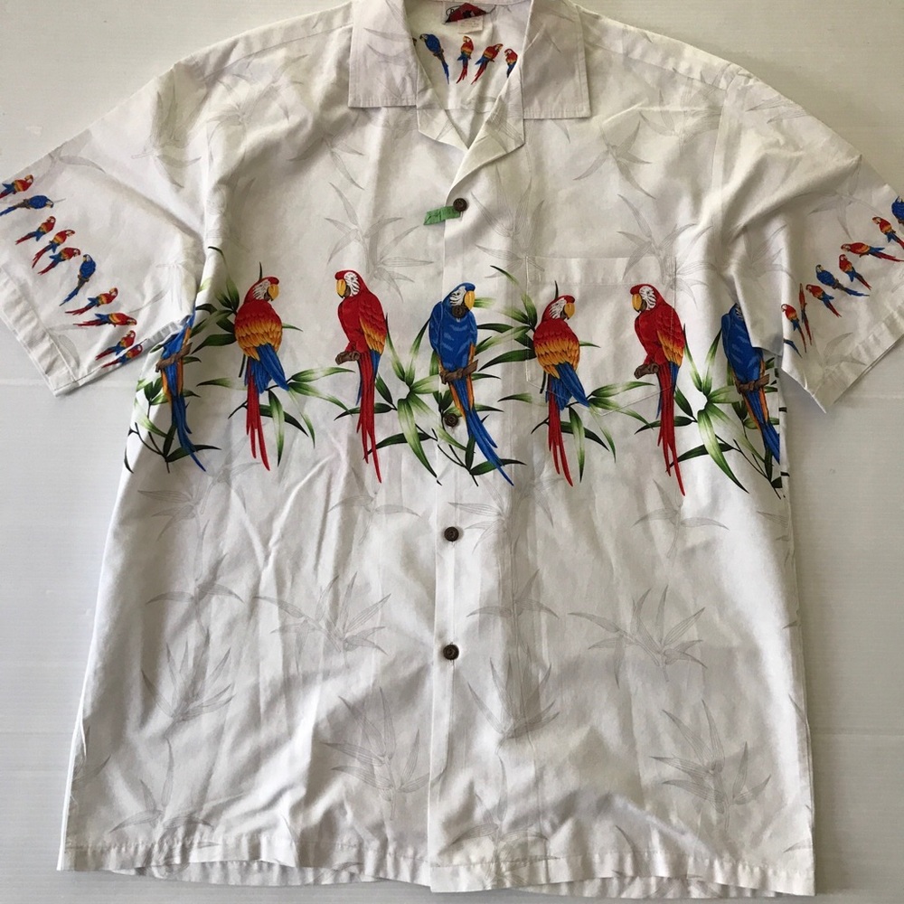 Pacific Legend White Hawaiian Shirt Parrots Colorful Men’s Size XL